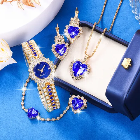 Set Gioielli Orologio al Quarzo Lusso Donna Lega Collana Ciondolo Cuore Orecchini Anello Bracciale Strass Cassa Oro Moda