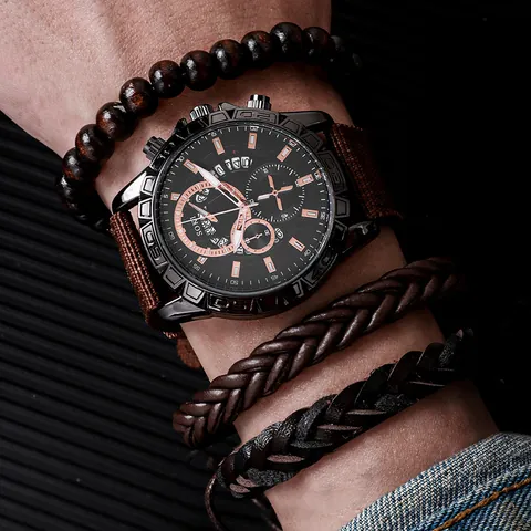 SOKI Herren Militär Sport Quarzuhr Mit Braunem Nylonarmband Datumskalender Und Holzperlen Geflochtenem Lederarmband Schmuck