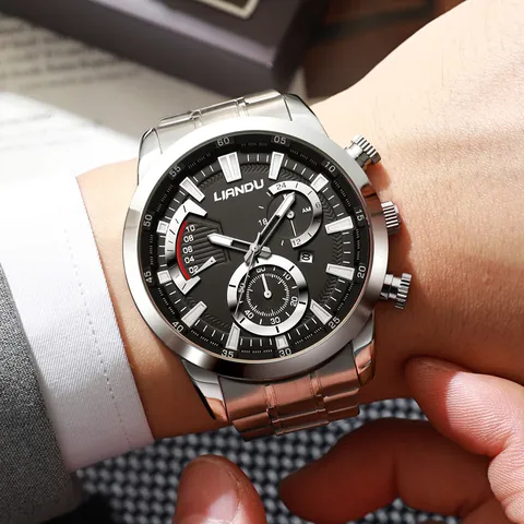 Reloj de Cuarzo para Hombre LIANDU Moda Negocios Correa de Acero Inoxidable Resistente al Agua Reloj Multifunción