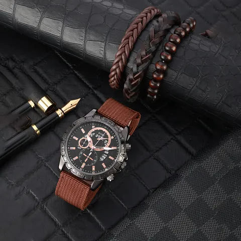 SOKI Herren Militär Sport Quarzuhr Mit Braunem Nylonarmband Datumskalender Und Holzperlen Geflochtenem Lederarmband Schmuck