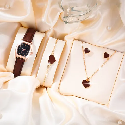 Set Gioielli Orologio al Quarzo Moda Donna Collana con Pendente a Cuore Bracciale Orecchini Cinturino in Pelle Cassa in Lega Tonneau Orologio da Polso Regalo