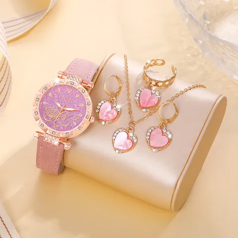 Set Gioielli Orologio Quarzo Moda Donna Cuore Rosa Collana Orecchini Anello Con Strass Lega Cinturino PU Regalo Donna