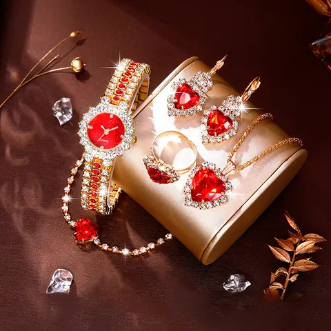 Set Gioielli Orologio al Quarzo Lusso Donna Lega Collana Ciondolo Cuore Orecchini Anello Bracciale Strass Cassa Oro Moda