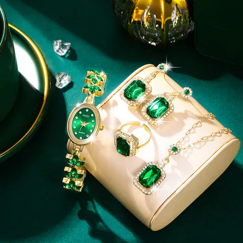 Luxury Women Watch Jewelry Set Emerald Green Faux Gemstone Necklace Earrings Ring Gold Plated Alloy Leaf Quartz Wristwatch