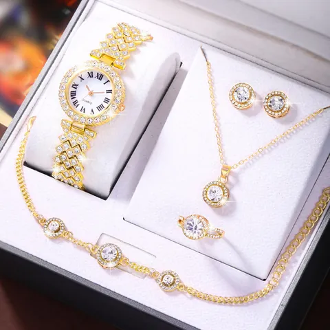 Women Rhinestone Analog Quartz Watch Jewelry Accessory Alloy Necklace Earrings Ring Bracelet Elegant Fashion Gift