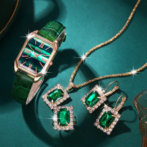 Women Quartz Watch Jewelry Set Emerald Green Rectangular Dial Gold Plated Alloy Retro Watch Necklace Earrings Ring For Women