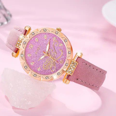 Set Gioielli Orologio Quarzo Moda Donna Cuore Rosa Collana Orecchini Anello Con Strass Lega Cinturino PU Regalo Donna
