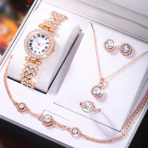 Women Rhinestone Analog Quartz Watch Jewelry Accessory Alloy Necklace Earrings Ring Bracelet Elegant Fashion Gift