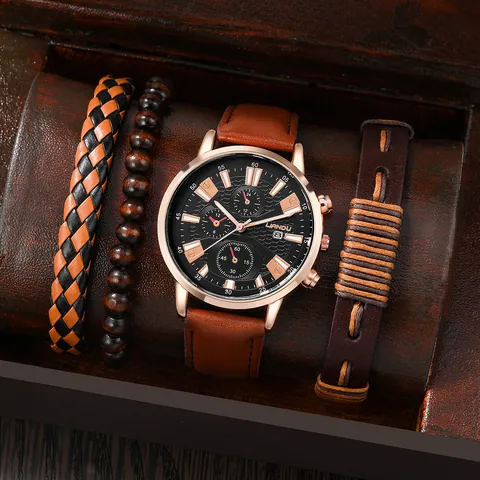 Set Orologio e Bracciale Uomo Business Casual Con Cinturino in Pelle PU Cassa in Lega Orologio al Quarzo Calendario e Bracciali in Legno Intrecciato