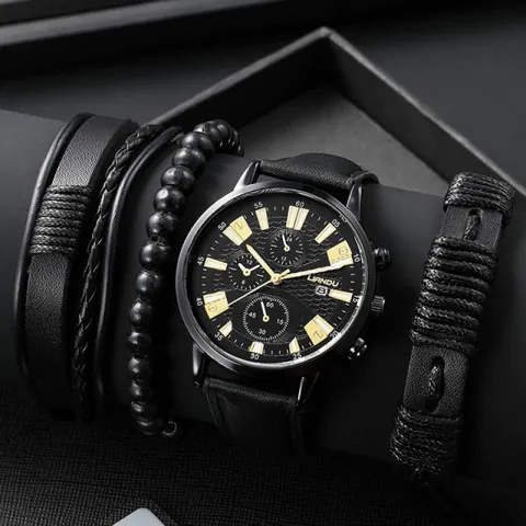Set Orologio e Bracciale Uomo Business Casual Con Cinturino in Pelle PU Cassa in Lega Orologio al Quarzo Calendario e Bracciali in Legno Intrecciato