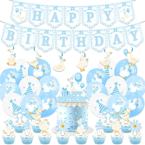 Blau Gans Thema Happy Birthday Party Deko Set Banner Latex Ballons Kuchen Topper Für Kinder Geburtstag Set