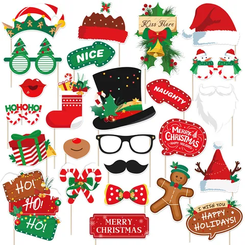 Weihnachten Fotobox Requisiten Papier Holz Weihnachtsmann Rentier Schneemann Brillen Schnurrbärte Hüte Feiertag Party Fotografie Deko Zubehör