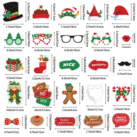 Christmas Photo Booth Props Paper Wood Santa Claus Reindeer Snowman Glasses Mustaches Hats Holiday Party Photography Decoration Accessories