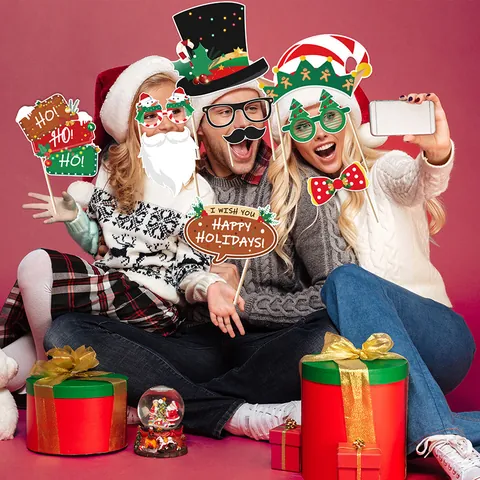 Kerstmis Photo Booth Props Papier Hout Kerstman Rendier Sneeuwpop Brillen Snorren Hoeden Vakantie Feest Fotografie Decoratie Accessoires