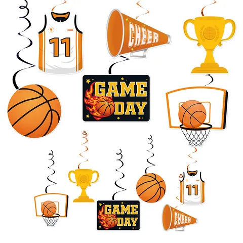 Decorazioni Appese a Spirale a Tema Pallacanestro per Compleanno Ragazzi Sport Arancione Nero Maglia Trofeo Ornamenti Basket