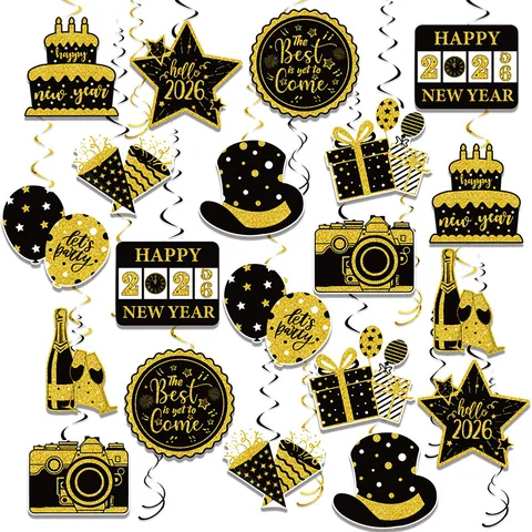 2026 Felice Anno Nuovo Decorazioni a Spirale da Appendere Nero Oro Glitter Cartoncino PVC Pendente a Spirale Per Celebrazione