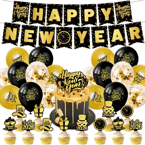 Set Decorazioni Festa Capodanno 2026 Nero Oro Banner Cake Topper Grande Piccoli Topper Cupcake Palloncini Lattice Coriandoli Articoli per Celebrazioni
