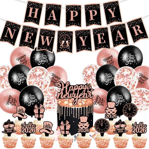 Set di Decorazioni per Feste di Capodanno 2026 Oro Rosa Con Banner Palloncini Cake Topper Decorazioni Glitterate per Celebrazioni