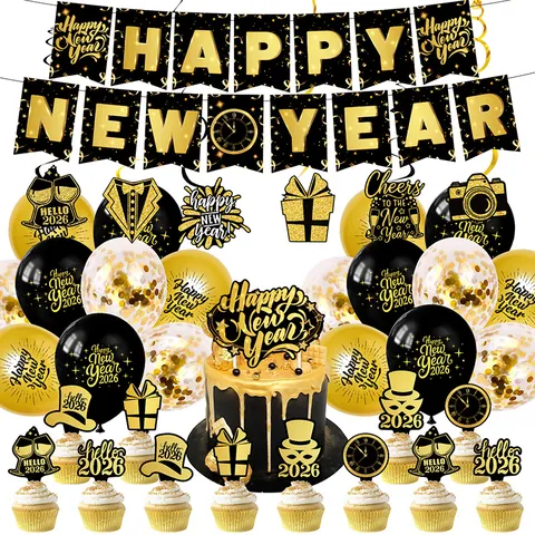 2026 Happy New Year Decorazioni Nero Oro Banner Riccioli Appesi Topper per Torte Palloncini per Festa di Capodanno