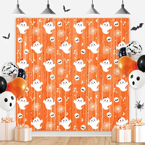 Halloween Rain Silk Curtain Ghost Skull Pattern Foil Fringe Backdrop For Party Decoration Festive Cartoon Home Decor