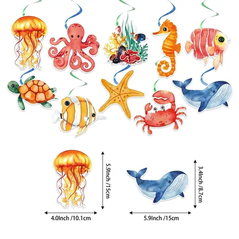 Decoraciones en Espiral Colgantes para Fiesta de Animales Marinos Medusa Estrella de Mar Ballena Tarjeta Azul Verde Plástico Cumpleaños