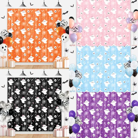 Halloween Rain Silk Curtain Ghost Skull Pattern Foil Fringe Backdrop For Party Decoration Festive Cartoon Home Decor