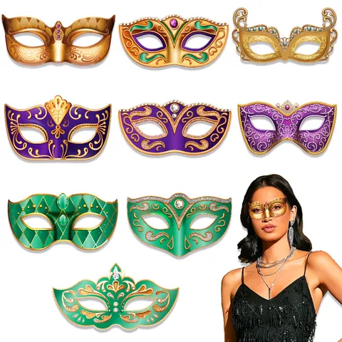 Carnival Masquerade Paper Masks Mardi Gras Party Decorations Photo Booth Props Foil Stamping Glitter Adult Half Face Mask And Elastic Strings Set