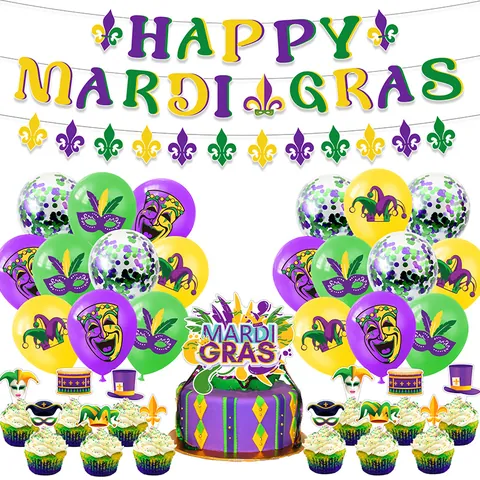 Ensemble Décoration Fête Mardi Gras Bannière Happy Mardi Gras Ballons en Latex Cake Toppers Violet Vert Or Carnaval Masque