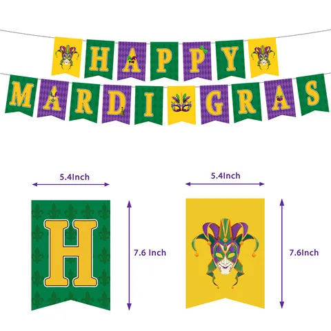 Fournitures de Décoration de Fête de Mardi Gras Bannière Happy Mardi Gras Topper de Gâteau Ballons Violet Vert Or Motif Masque Carnaval