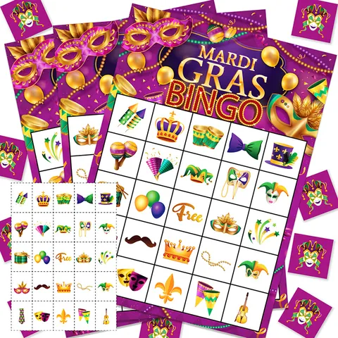 Tarjetas de Bingo de Carnaval Mardi Gras Marcadores Hoja de Llamadas Púrpura Oro Verde Máscaras Corona Decoraciones de Fiesta Para Niños Adultos Hogar Escuela Aula