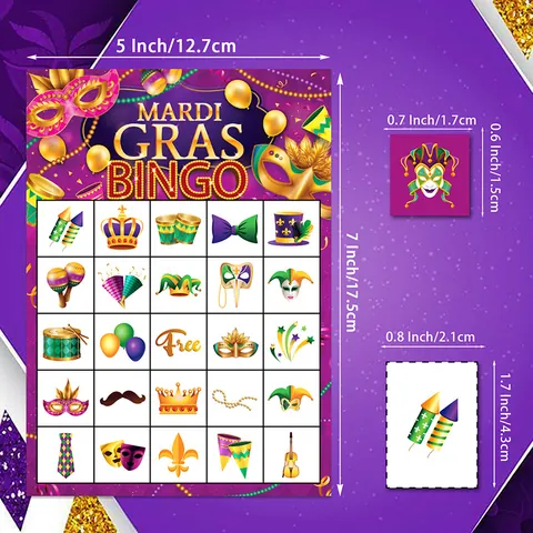 Tarjetas de Bingo de Carnaval Mardi Gras Marcadores Hoja de Llamadas Púrpura Oro Verde Máscaras Corona Decoraciones de Fiesta Para Niños Adultos Hogar Escuela Aula