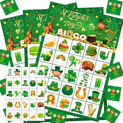 Tarjetas de Juego de Bingo de San Patricio Con Patrones de Trébol Duende Niños Adultos Suministros Fiesta Irlandesa Juegos de Mesa