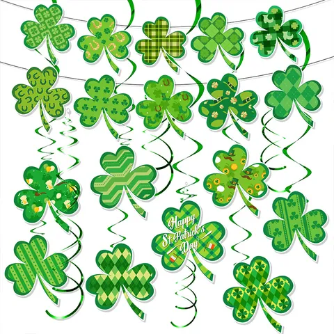 St. Patrick's Day Decoration Set Green Shamrock Pull Flag Banner With Clover Cards And Plastic Swirls For Irish Party Home Decor