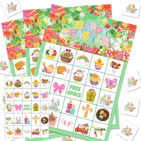 Happy Easter Bingo Game Cards Including Player Boards And Calling Chips With Bunny Egg Patterns For Kids Group Party Activity