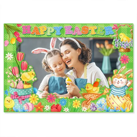 Easter Photo Booth Frame Prop Green Gingham Paper Bunny Chick Egg Happy Easter Party Decorations Photo Studio Accessories