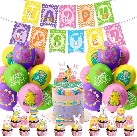 Easter Party Decoration Set Happy Easter Banner Rabbit Cake Toppers And Multicolor Latex Balloons For Festive Event Decor