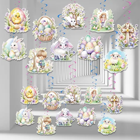 Decorazioni Appese a Spirale di Pasqua Soffitto Carta Plastica Coniglio Uova Pulcino Agnello per Festa Casa Celebrazione