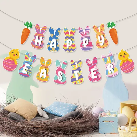 Happy Easter Banner Bunny Carrot Chick Pattern Paper Garland For Holiday Party Home Indoor Wall Hanging Decoration Supplies