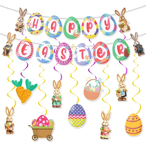 Decorazione Di Pasqua Striscione E Spirali Appese Coniglio Carota Uovo Carta Plastica Per Festa Casa Interno Decorazione
