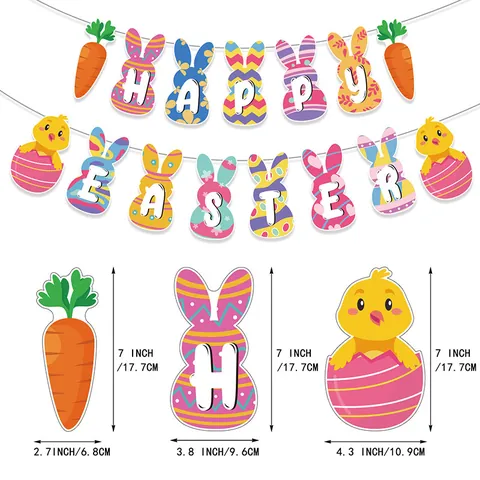 Happy Easter Banner Bunny Carrot Chick Pattern Paper Garland For Holiday Party Home Indoor Wall Hanging Decoration Supplies