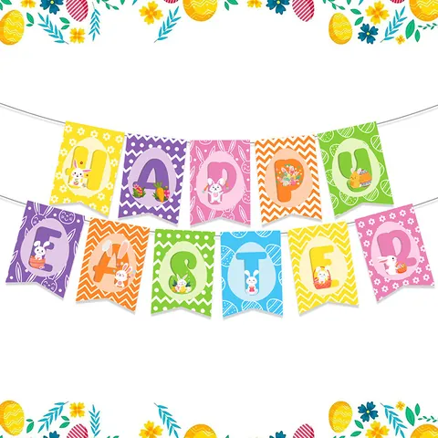 Happy Easter Banner Paper Multicolor Bunny Egg Carrot Pull Flag For Easter Party Home Decoration Hanging Garland Decor
