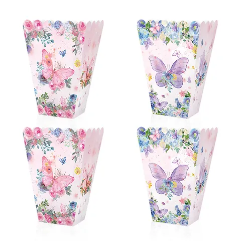 Scatole per Popcorn con Farfalle e Fiori Cartoncino Bianco Contenitori Bordo Smerlato Decorazioni Festa Compleanno Rosa Viola