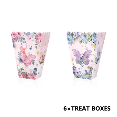Scatole per Popcorn con Farfalle e Fiori Cartoncino Bianco Contenitori Bordo Smerlato Decorazioni Festa Compleanno Rosa Viola