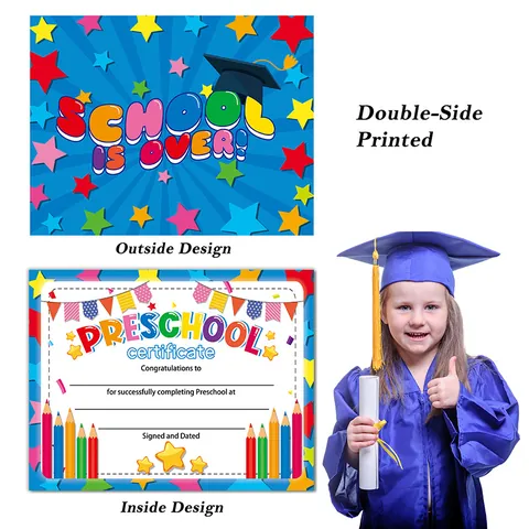 Preschool Graduation Certificate For Kindergarten Kids School Is Over Congratulations Award Cards Double Sided Printed Paper Diploma