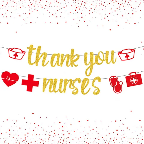 Thank You Nurses Gold Glitter Banner Medical Theme Party Decorations Garland With Nurse Hat Stethoscope Heartbeat Elements