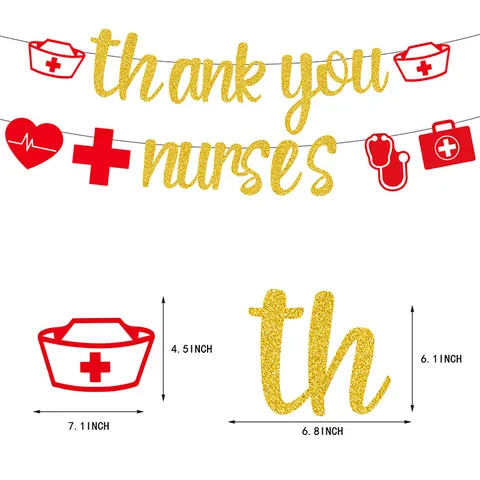 Thank You Nurses Gold Glitter Banner Medical Theme Party Decorations Garland With Nurse Hat Stethoscope Heartbeat Elements