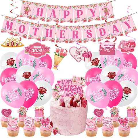 Moederdag Feestversiering Set Happy Mother's Day Banner Hangende Spiralen Taarttoppers Roze Bloemen Latex Ballonnen Feestartikelen