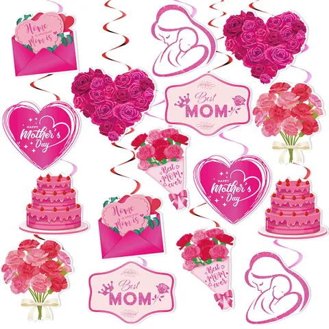 Mother's Day Party Decoration Hanging Swirls Spiral Streamers Pink Red Heart Flower Cake Foil Swirl Decorations For Mom Home Ceiling Decor