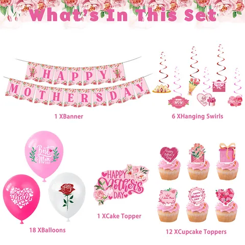 Moederdag Feestversiering Set Happy Mother's Day Banner Hangende Spiralen Taarttoppers Roze Bloemen Latex Ballonnen Feestartikelen