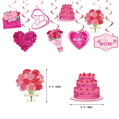 Mother's Day Party Decoration Hanging Swirls Spiral Streamers Pink Red Heart Flower Cake Foil Swirl Decorations For Mom Home Ceiling Decor